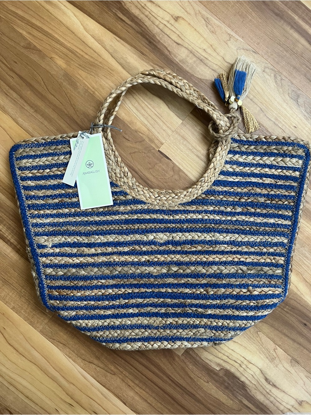 Amalfi Natural and Blue Braided Straw Tote with Tassel Accent